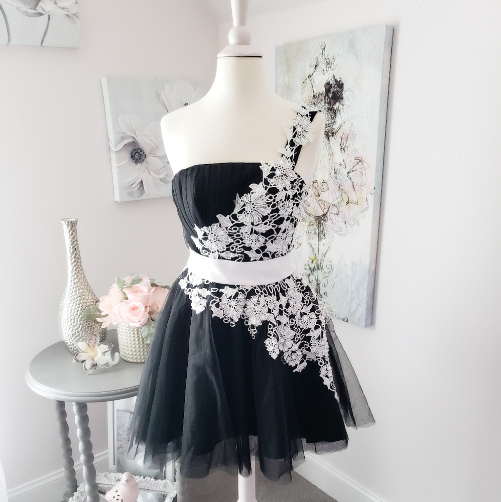 Black and white cocktail dress, one shoulder